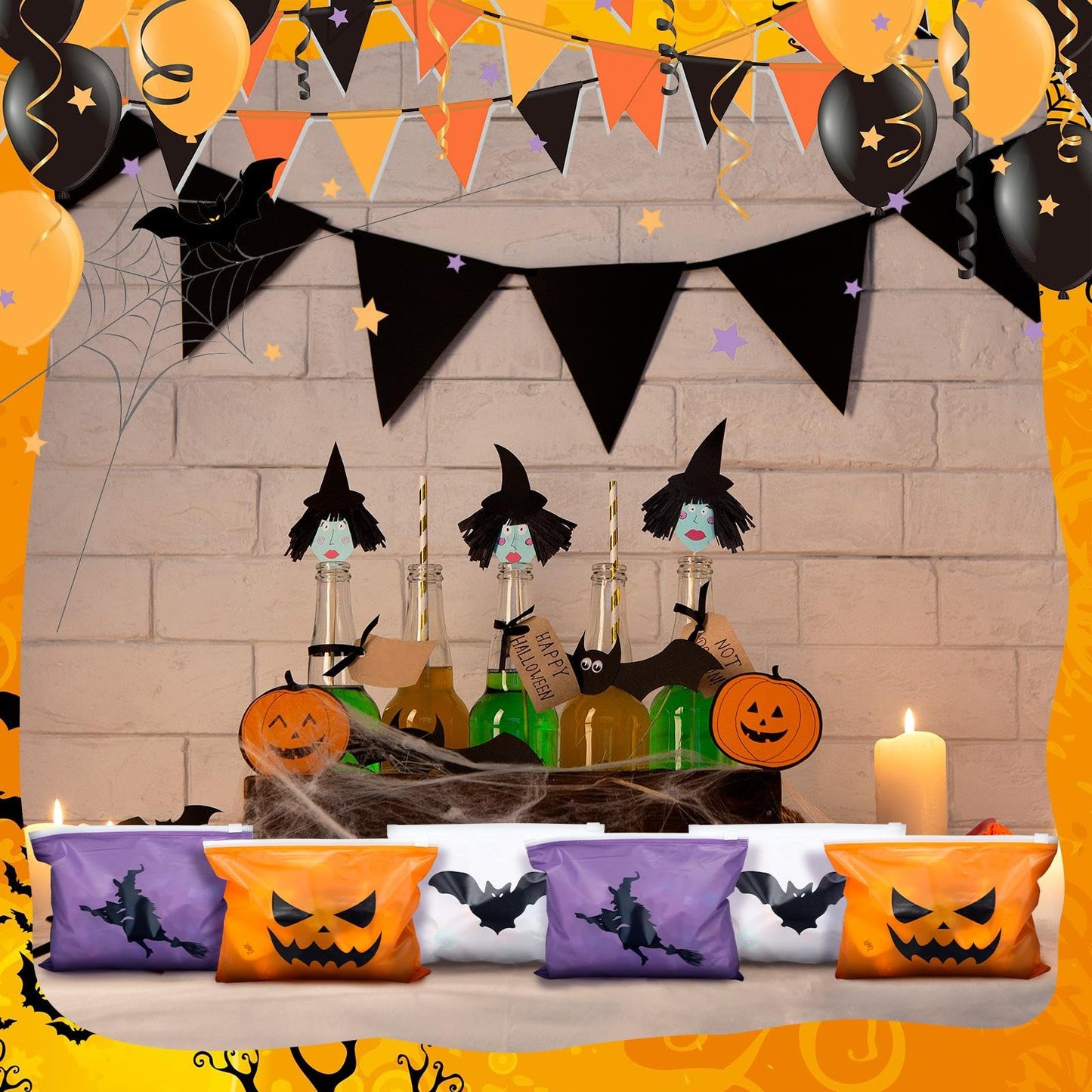Mimorou 150 Pcs Halloween Treat Bags Bulk EVA Witch Bat Pumpkin Goodie Bag Travel Purse Pouch Toiletry Organizer with Zipper for Women Snacks Candy Gift Bags for Halloween Party Favors (3 Styles)
