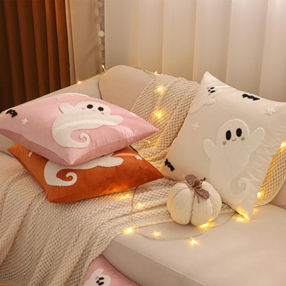 Tosleo Halloween Throw Pillow Covers 18x18 inch Set of 2 Halloween White Spooky Ghosts Embroidered Pillow Cases Thanksgiving Home Party Fall Decor Pillowcases Square Pink Velvet Cushion Covers
