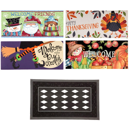 Evergreen Sassafras Fall Christmas Holiday Doormat Insert Bundle & Tray Set of 5, Interchangeable Entrance Door mats Indoor and Outdoor Welcome Mat 30 x 18 Tray Non Slip Backing Low Profile