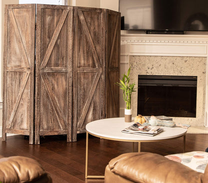 Premium Home 4-Panel Room Divider – Rustic Brown Barn Door, K Pattern Folding Privacy Screen, Partition Wall