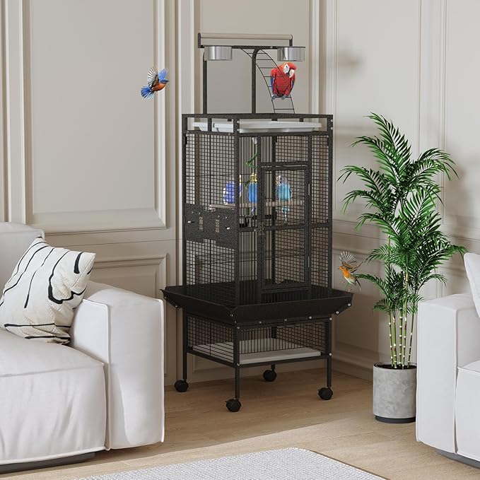 60 Inch Wrought Iron Large Bird Cage with Rolling Stand, Metal Parrot Cage with Play Top & 4 Stainless Steel Bowls for African Grey Cockatiel Sun Parakeet Green Cheek Conure Lovebird Budgie, Black