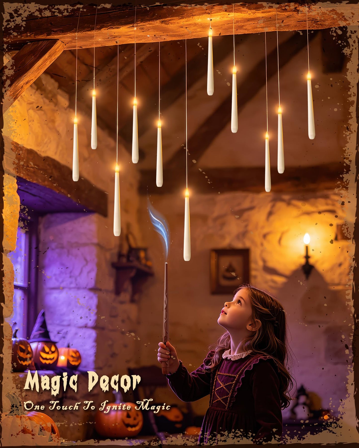 Meigic 10PCS Floating Candles with Wand Remote, Flameless Hanging Taper Candles with Flickering Warm Light, Battery Operated Magic Candles for Halloween Indoor Ceiling Decor, Hallway, Bedroom, Party