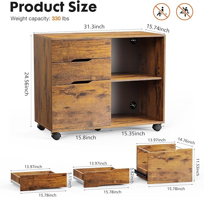 UOCFYK File Cabinet with 3 Drawers, Mobile Lateral Filing Cabinet with Open Storage Shelves for Home Office Under Desk Storage, Brown