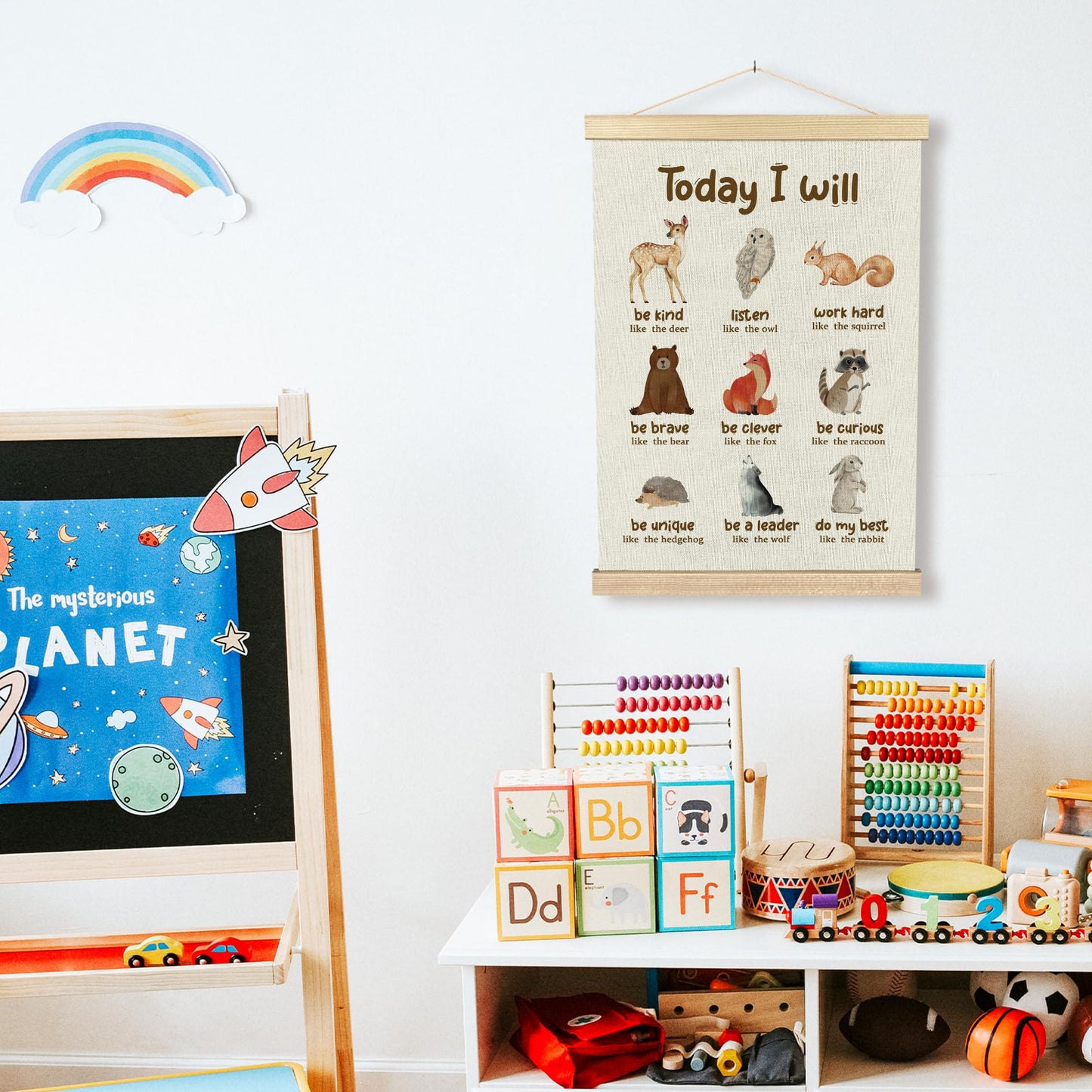 BCUANGD Positive Affirmations Wall Decor - Inspirational Woodland Animals Wall Art Poster Hanger with Wood Frames, Neutral Mental Health Wall Hanging Canvas Decor for Home Kids Room, 12x16 Inches