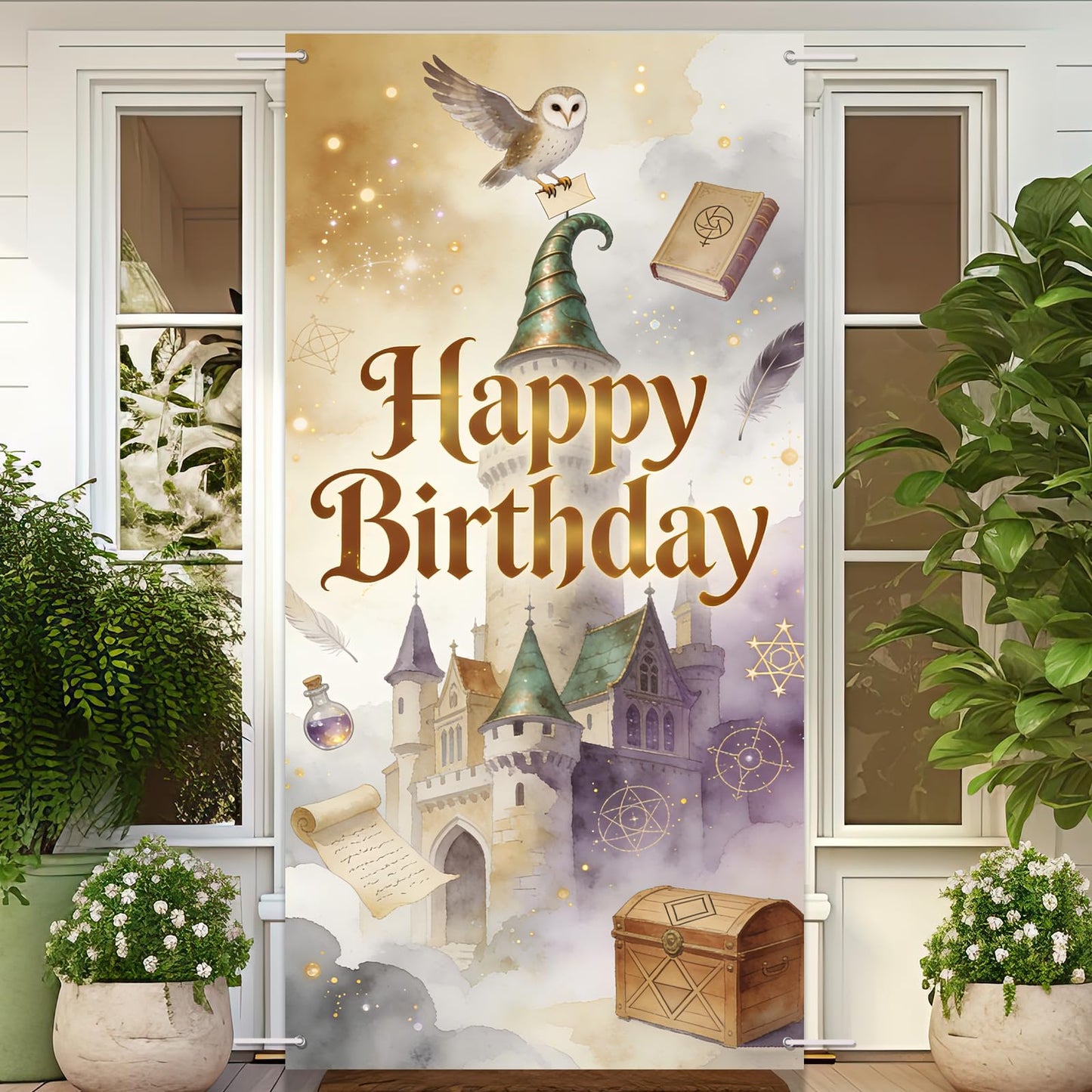 Wizard Birthday Party Decorations Door Backdrop, 6x3ft Witch Theme Banner, Fantasy Magic Party Photo Backdrop for Girls Boys Birthday
