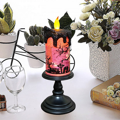 DRomance Halloween Flameless Candle Snow Globe Battery Operated with 6 Hour Timer, Purple Light Ghost Decal Water Tornado Lamp LED Candlestick Halloween Season Decor Gift 4 x 10 Inches