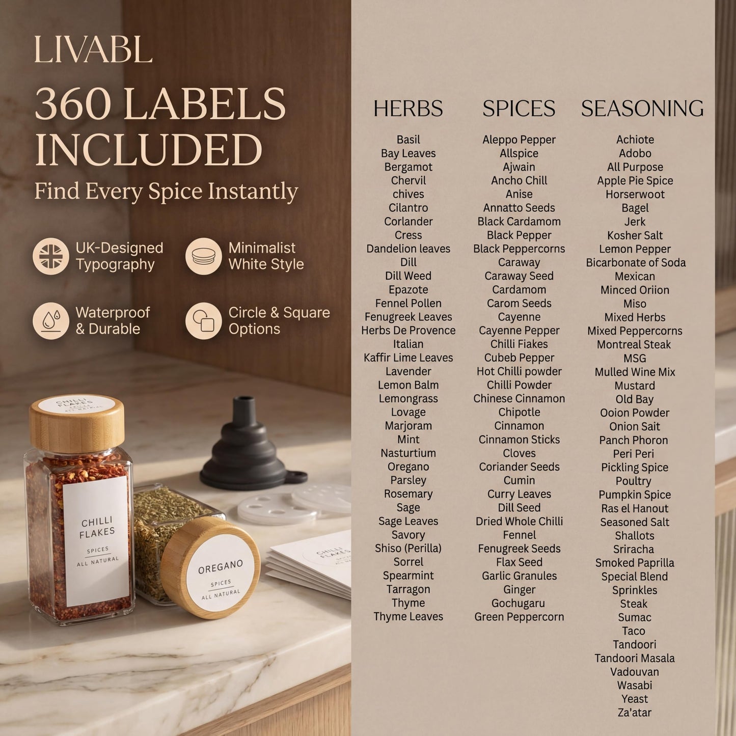 Livabl Glass Spice Jars with 360 Labels -24 pcs- 4oz- Spice Containers with Bamboo Lids -Shaker Lids- Pepper Grinder-Spice Organization for Cabinet-Drawer-Rack-Seasoning Organizer-Square bottles