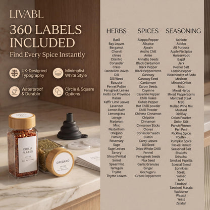 Livabl Glass Spice Jars with 360 Labels -24 pcs- 4oz- Spice Containers with Bamboo Lids -Shaker Lids- Pepper Grinder-Spice Organization for Cabinet-Drawer-Rack-Seasoning Organizer-Square bottles