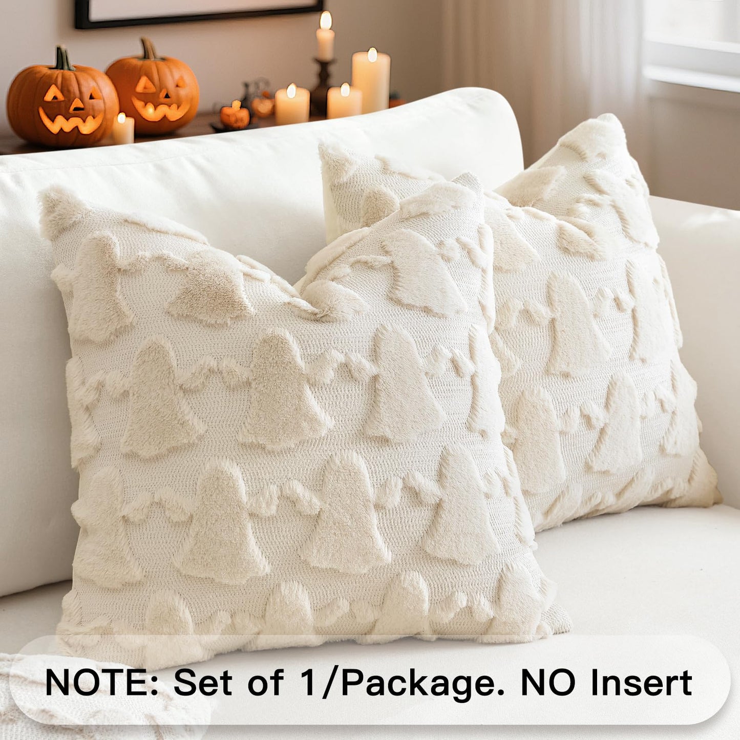 OTOSTAR Set of 1 Ghost Pillow Cover Halloween Throw Pillow Covers for Sofa Couch Bed Living Room Soft Plush Short Wool Velvet Farmhouse Pillowcase for Thanksgiving Cream Beige 24x24 Inch