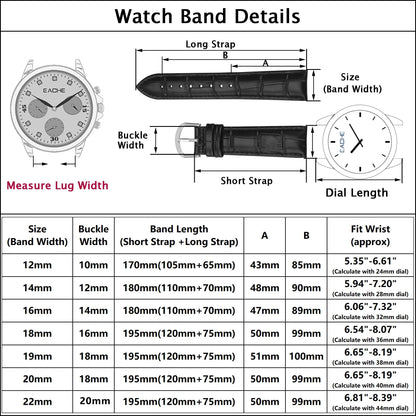 EACHE 12mm Croco Leather Watch Bands Black Classical Leather Watch Straps Waterproof Black Watch Bands With Gold Buckle