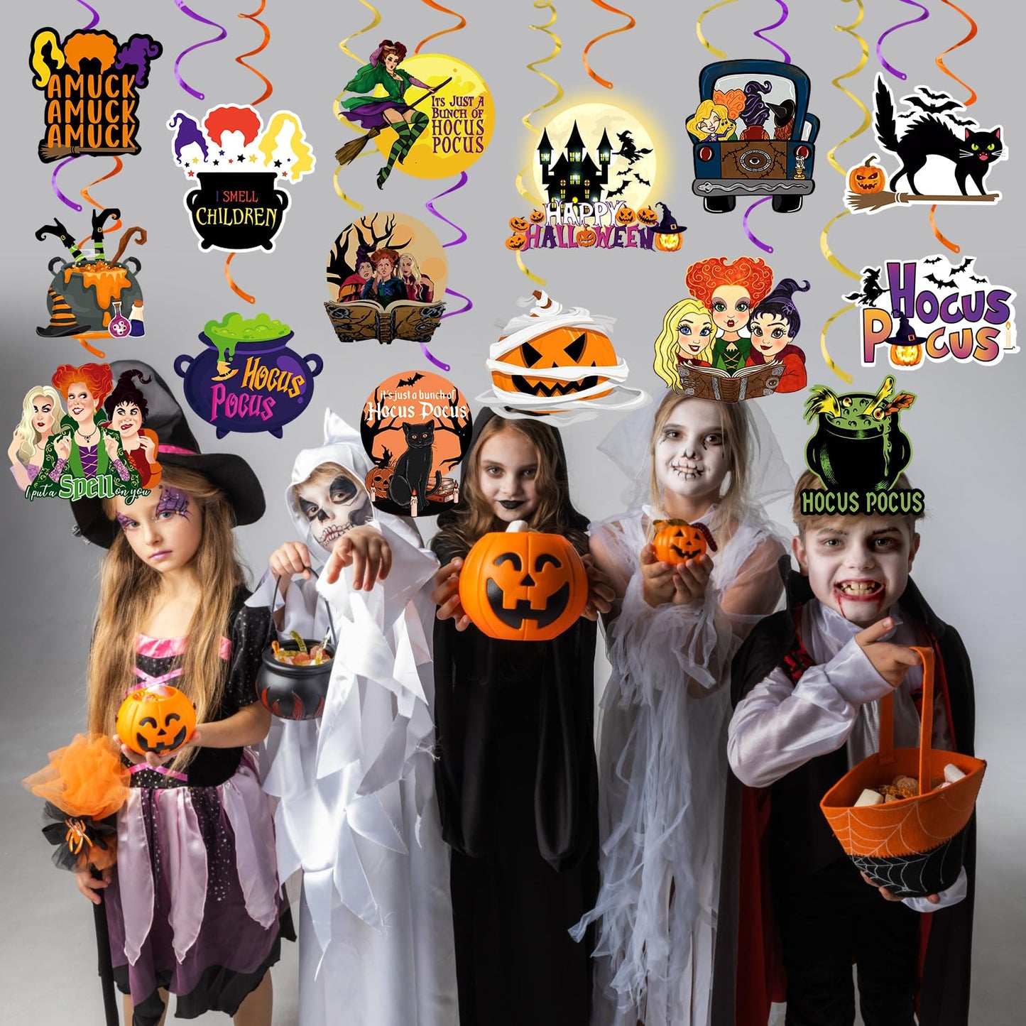 LeeSky 30Pcs Hocus Pocus Hanging Swirls, Halloween Party Streamers, Purple, Black, Orange Paper Round Streamers