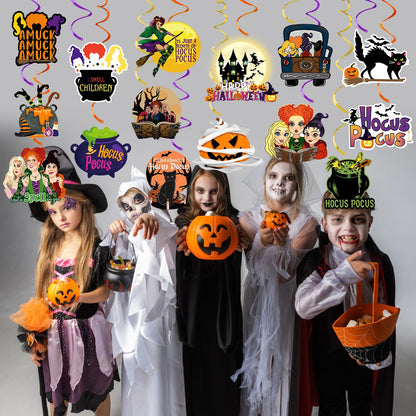 LeeSky 30Pcs Hocus Pocus Hanging Swirls, Halloween Party Streamers, Purple, Black, Orange Paper Round Streamers