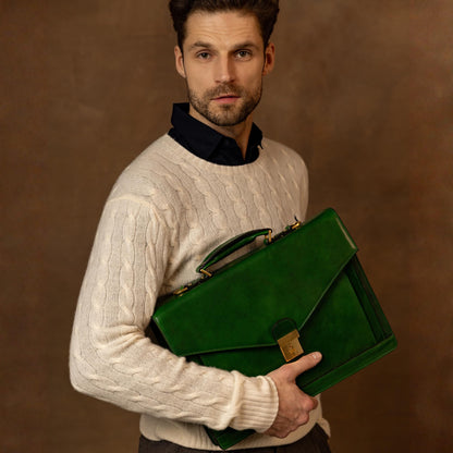 Time Resistance Leather Briefcase for Men - Business Laptop Bag - Italian Handmade Leather Bag - Attache - Gift Box Included (Green)