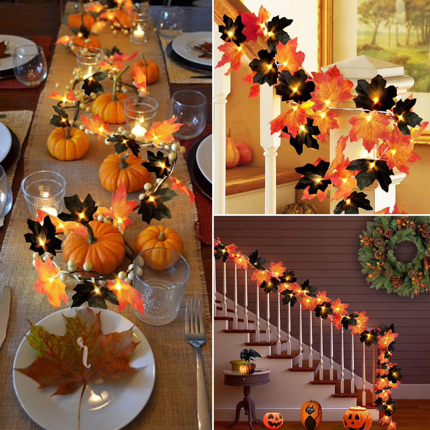50 LED 16.4Ft Halloween Decorations Fall Garland String Lights with Timer, Lighted Black Maple Leaves Garlands Decor with Banner, Fall Lights for Home Party Indoor Mantle