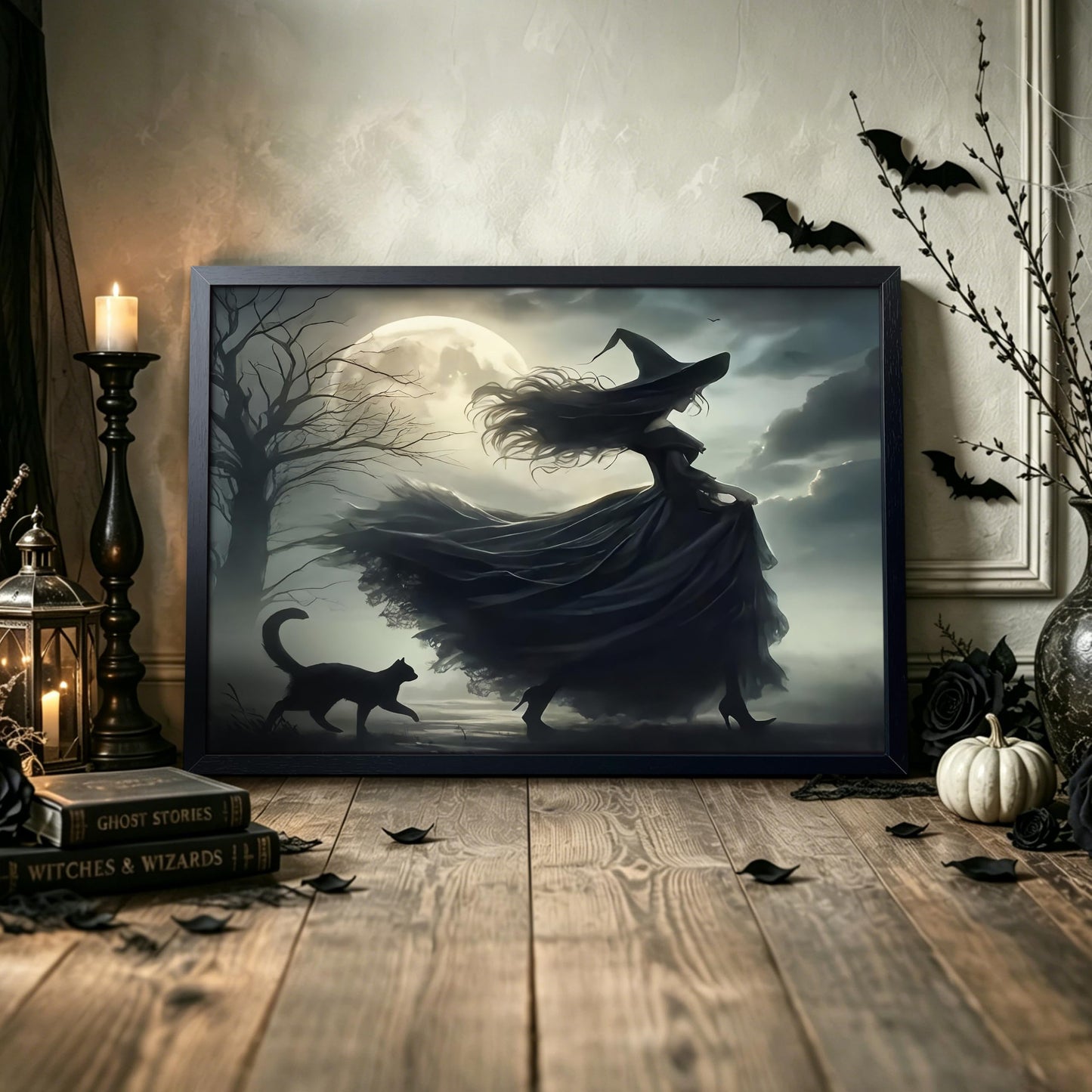 wanyun Dark Witch Wall Art Canvas Framed Poster Print Picture, Gothic Moonlight Witch Artwork Oil Painting, Spooky Halloween Horror Wall Decor for Bedroom Living Room Home Office Decor 16x24 Inch