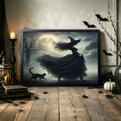 wanyun Dark Witch Wall Art Canvas Framed Poster Print Picture, Gothic Moonlight Witch Artwork Oil Painting, Spooky Halloween Horror Wall Decor for Bedroom Living Room Home Office Decor 16x24 Inch