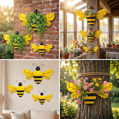 VinSees 3 Pcs 20 Inch Metal Bee Wall Pocket Planter, Rustic Decorative Wall Hanging Planter for Indoor & Outdoor, Flower Plant Pot for Garden Yard Patio Balcony & Fence, Black & Yellow, Set of 3