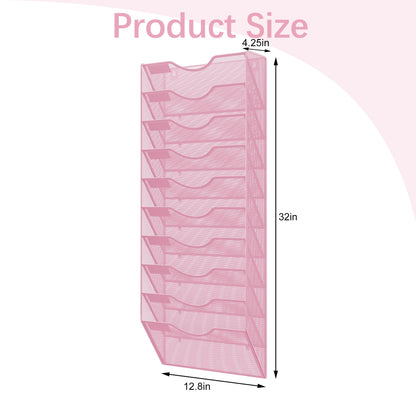 EasyPAG 10 Pocket Mesh Wall File Organizer, Hanging Paper Folder Holder with Classify Label, Vertical Wall Mount Mail Organizer for Office Home Classroom, Pink