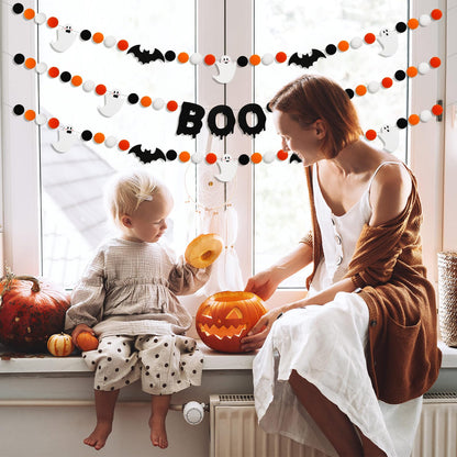 JarThenaAMCS 3Pcs Halloween Felt Garland Ghost Boo Bat Hanging Banner Orange Black White Pom Ball Banner for Haunted House Home Wall Mantle Decor
