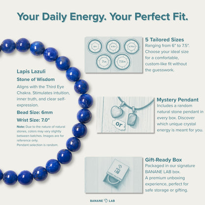 BANANE LAB Lapis Lazuli Beaded Bracelet with Mystery Polished Crystal Pendant - 6mm Real Natural Gemstone Beads for Women Men - Wisdom Truth Intuition Gift for Her him - Fits 7.0" Wrist