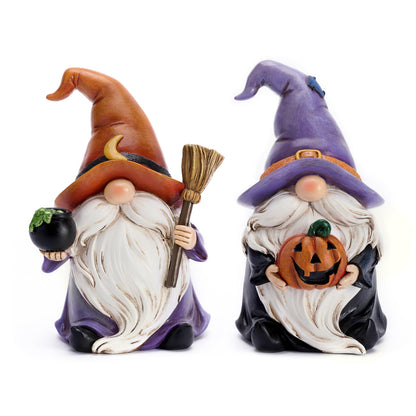 Valery Madelyn Gnomes Halloween Decorations Indoor, 2 Pcs Resin Gnome Decor for Home with Witch Hat Broom Jack O Lantern Moon, Halloween Figurines Elf Dwarf for Table Tiered Tray Outdoor, 6.3"