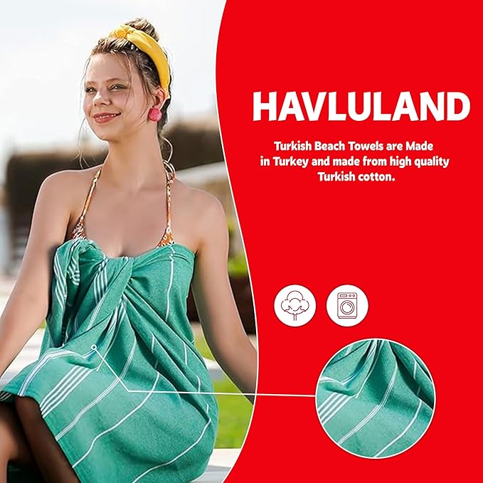 HAVLULAND Turkish Beach Towels, Oversized 40"x72" Turkish Bath Towel, Highly Absorbent Quick Dry Sand Free Beach Towels for Beach Pool Spa Gym Yoga Travel Camping Picnic Blanket - Teal