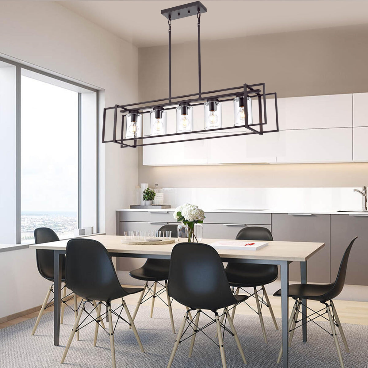 Lucidce 5-Light Industrial Pendant Light, Oil-Rubbed Bronze, Adjustable, Iron, Rectangular Frame, Model 011P-OB, Transparent Glass Shades