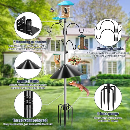Gtongoko Smart Bird Feeder Pole Squirrel Proof 1-Inch Dia 94 Inch with 4 Shepherds Hooks Hanging Bluebird House Pole for Outdoors Squirrel Baffles for Feeders Metal Heavy Duty Mounting Kit