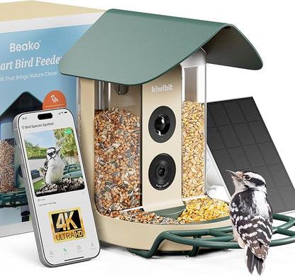 Kiwibit Smart Bird Feeder with Camera, Solar Powered for Outdoors, Bird Species AI Identification, 8MP Photo, 4K Video Livestream, Real-Time Bird Alert, Birdwatching Gift for Bird Lovers, Forest Birch