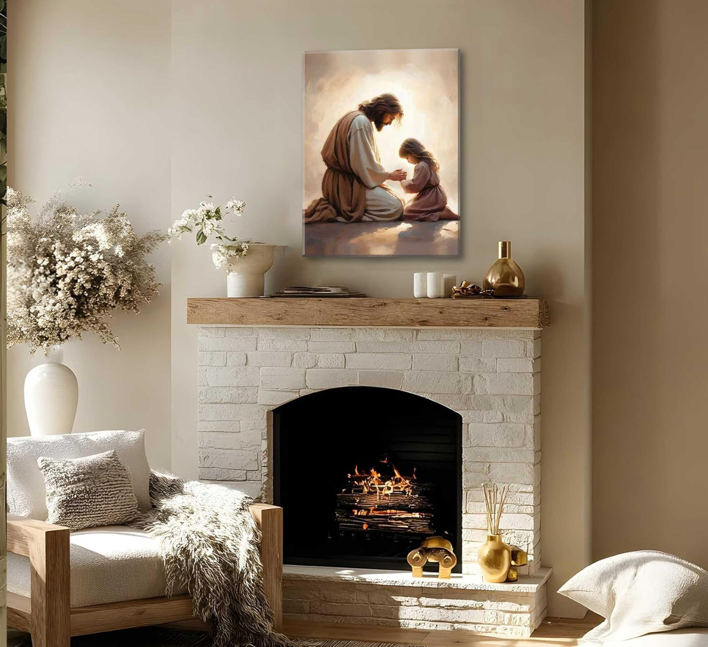 Jesus Praying with Girl Canvas Wall Art Christian Spiritual Posters Painting Religious Bible Story Prints Wall Decor Jesus Kid Pictures for Living Bedroom Room Church Home Decoration Framed