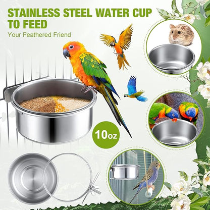 Sabary 6 Pack Bird Feeding Bowls Cups, Parrot Food Water Dishes Stainless Steel Bird Food Bowls with Clamp 10oz Birds Water Feeder for Parakeet Conure Cockatiel Lovebird Budgie Chinchilla Small Animal