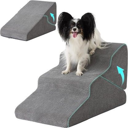 Dog Stairs for Small Dogs 16’’ H, 3-Step Dog Steps for Bed, Foldable Pet Stairs and Ramp for Dogs and Cats to Get on Beds, Couch, Non-Slip Balanced Pet Steps with Waterproof Cover, Grey