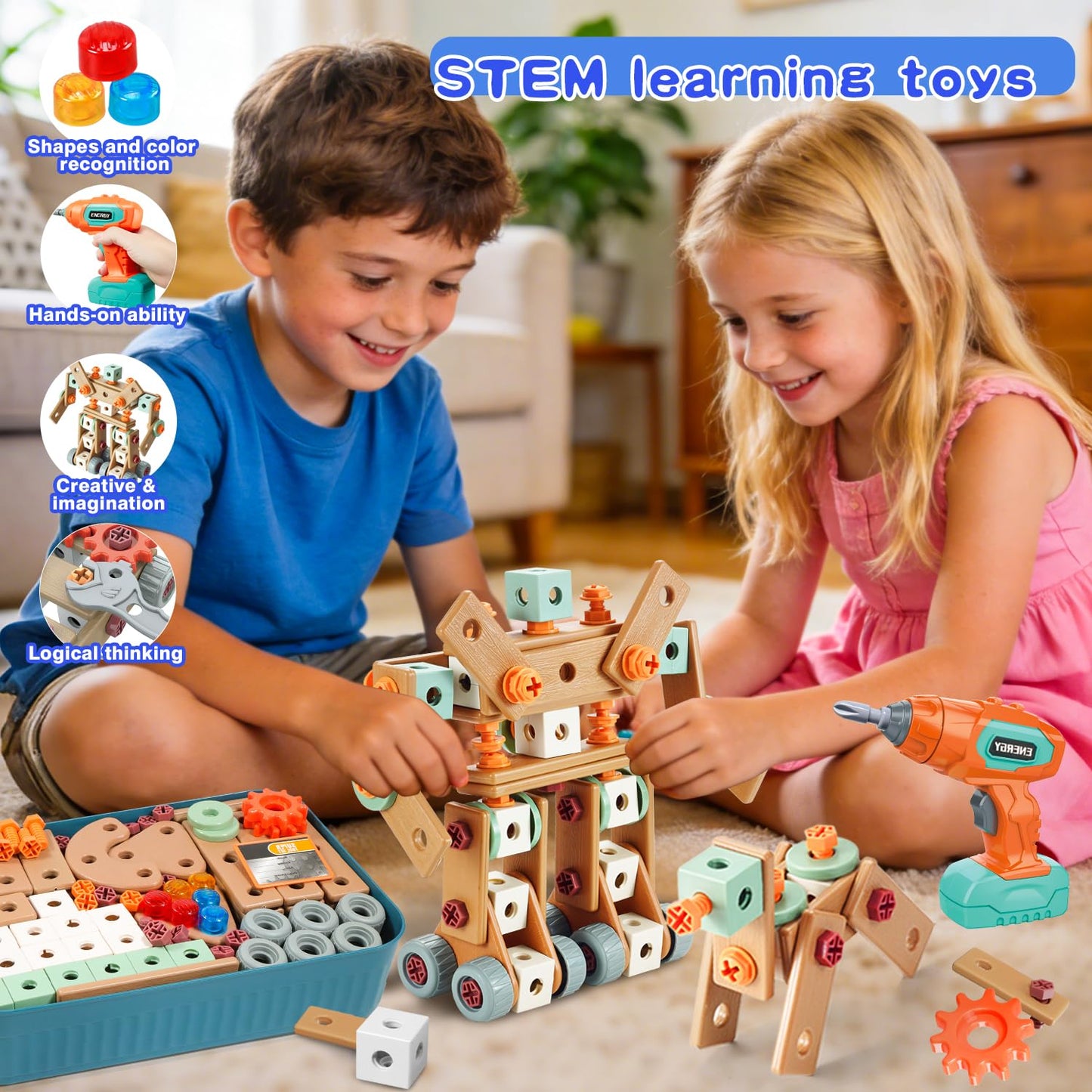 Design and Drill Toy - Toddler Tool Set with Drill & Toolbox, Create And Design Drill Kit Stem Toys for Kids Ages 3-6, Toddler Building Educational Construction Toy for 3-6 Year Old Girl (WOOD COLOR)