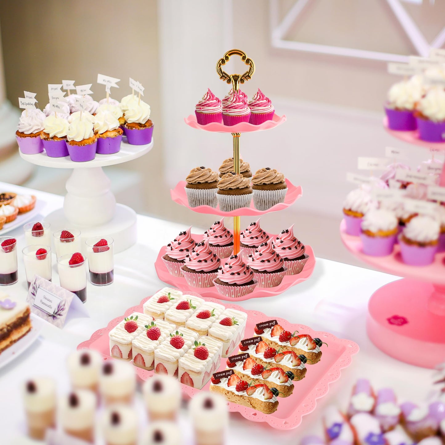 6 Pcs Cupcake Stand Set - Pink Plastic Dessert Table Display Set, 2X Pink Round 3 Tier Cupcake Display Stands Cookie Tray Rack Serving Tower & 4X 14 in Plastic Trays for Wedding Baby Shower Tea Party