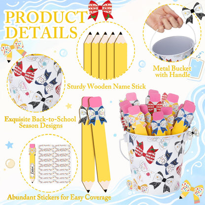 ReliThick 101 Pcs Pencil Bow Flip Name Sticks with Metal Buckets Back to School Talking Sticks with Metal Holder Set for Classroom Management Tool Teacher Essentials Educational Activities
