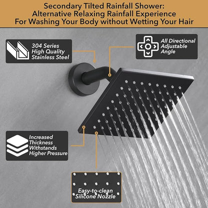 VANFOXLE Shower Faucet Set Matte Black Shower System, Push Button Diverter Shower Faucet with Trim Kit, Ceiling Mount 16 Inch Shower Head Increased Thick, 6 Inch Side Shower Head, 2-in-1 Handheld
