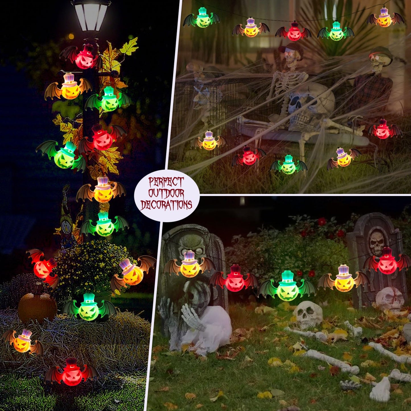 Solar Garden Lights for Halloween Decorations Outdoor,20LED 18Ft 3D Scary Devil Pumpkin Bat Solar String Lights, Unique Solar Lights Outside for Home Yard Garden Party Halloween Decor(Red Green White)