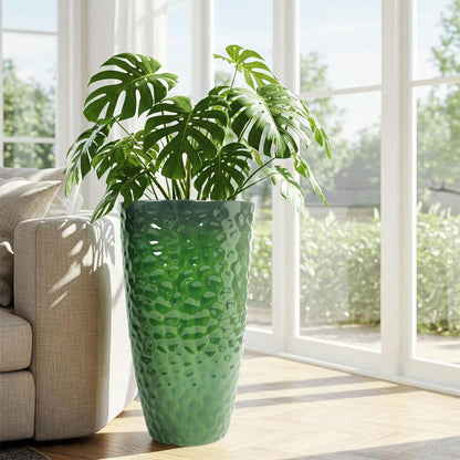 Worth 2 Pack 24" Tall Large Plastic Planter with Drainage Hole, Round Decorative Flower Plant Pit for Indoor or Outdoor Gardening, Glossy Green
