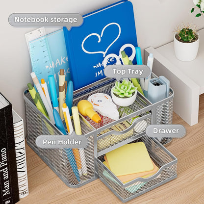 Marbrasse Mesh Desk Organizer, Pen Organizer with 2 Drawer, Multi-Functional Pencil Holder, Desk Organizers and Accessories with 5 Compartments + Drawer for Office Art Supplies (Silver)