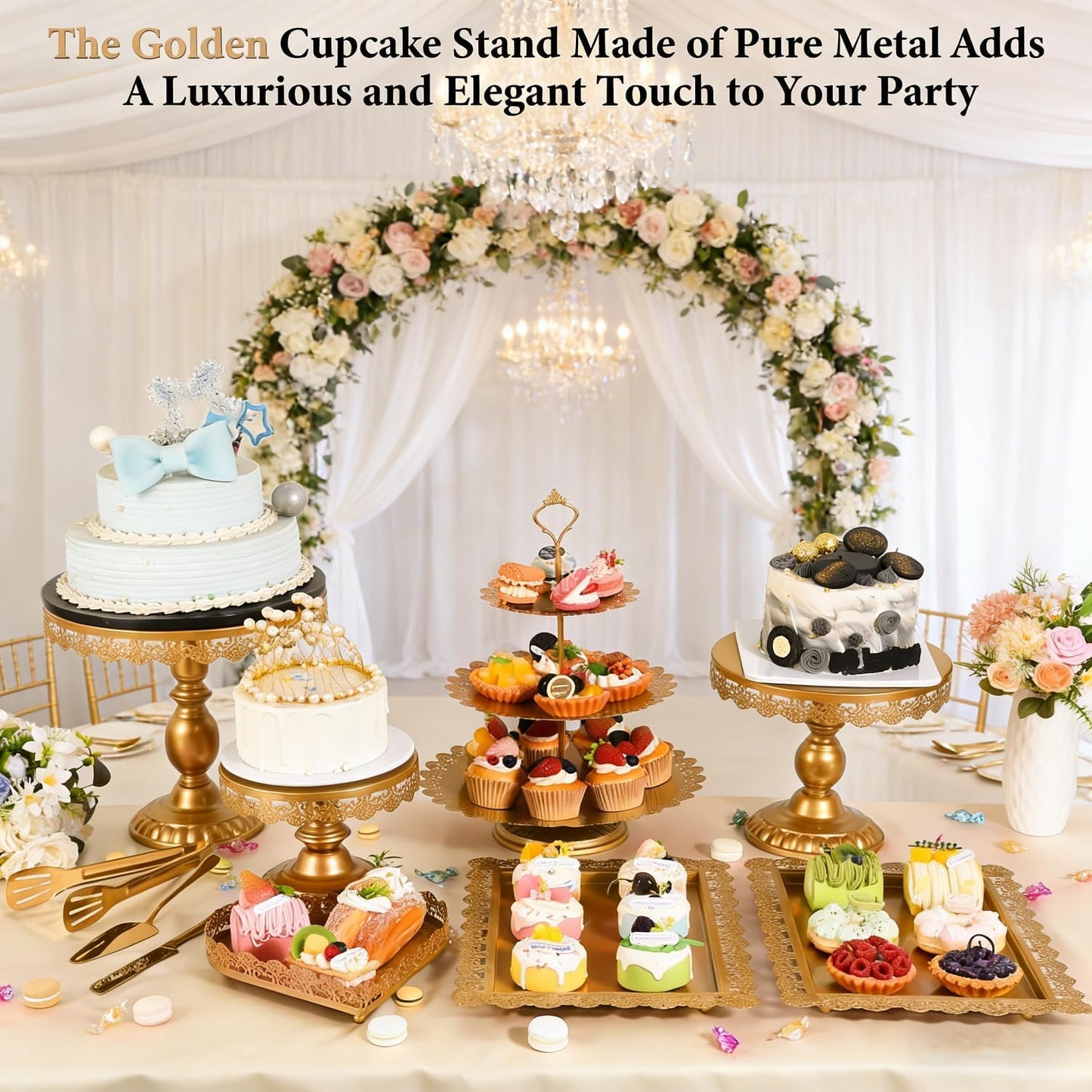 Jaevorite 12 Set of Gold Cake Stand, Metal Gold Cupcake Stand and Bases para Postres de Mesa, Elegant Gold Dessert Stands for Party and Wedding, Easy to Clean Desert Table Display Set