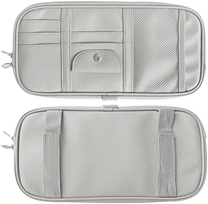 Qitdathn Car Sun Visor Organier Truck SUV Sun Visor Storage Pocket Pouch Holder, Multi-Pocket PU Leather with Zipper Net, for Cards Pens Sunglasses Document (Gray)