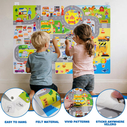 maglala Traffic Felt Busy Board for Toddlers, 40″ x 28″ Large Wall Toy 95PCS Car Road Play Set, Montessori Sensory Toys, Autism Learning Activities, Preschool Educational Gifts for Boys Girls Age 2-5