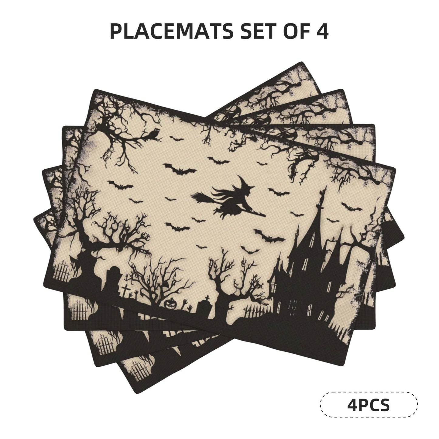 Halloween Witch Castle Placemats Set of 4 Washable Table Place Mats for Dining Kitchen Party Decor
