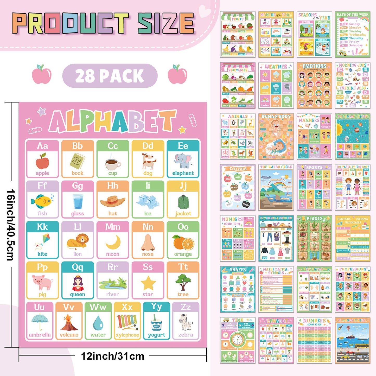 Ireer 28 Pcs Smart Pastel Educational Posters English Learning Poster for Kids Educational Learning Chart for Classroom Decoration Alphabet Kindergarten Preschool Back to School Supplies