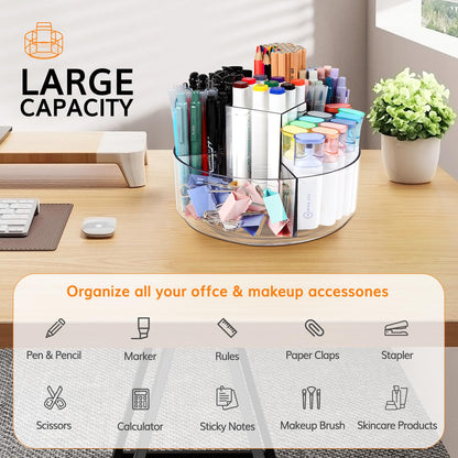 Hiborateed Rotating Pencil Holder for Desk, 5 Slots 360-Degree Spinning Acrylic Pen Holder for Desk, Marker Holder Caddy Art Supply Organizer Pen Organizer for Office Home School