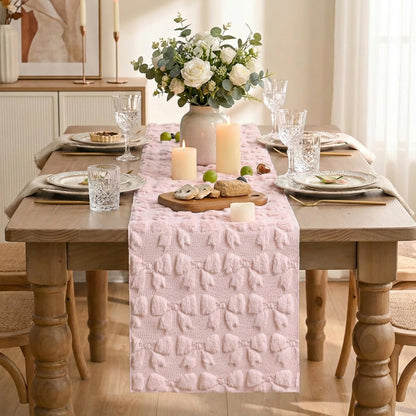 Artoid Mode Pink Soft Plush Faux Fur Jacquard Bows Table Runner, Valentine's Kitchen Dining Table Decoration for Home Party Decor 13x72 Inch