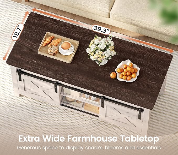 SEDETA Lift Top Coffee Table, Farmhouse Lift Tabletop Dining Table, Gas Spring, Hidden Compartment, Open Storage Shelf, for Living Room, Vintage White
