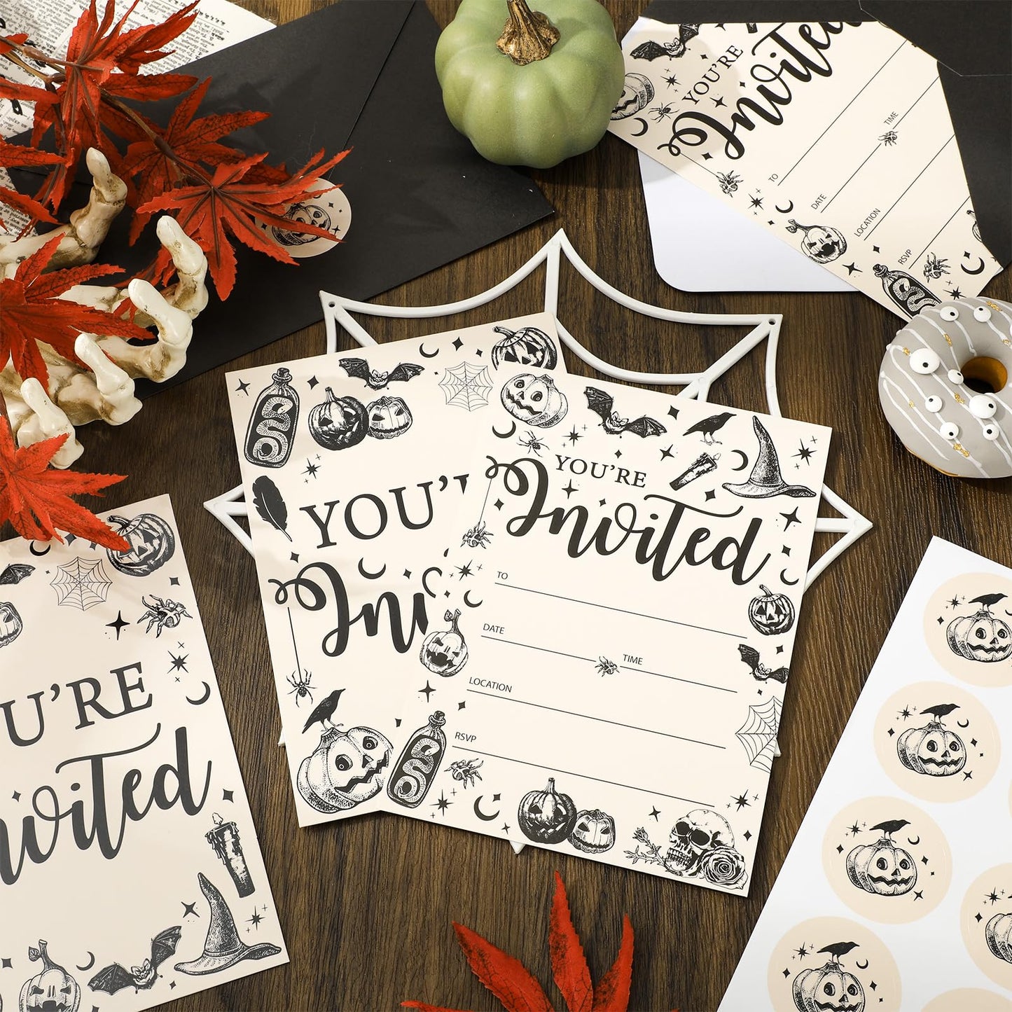 JarThenaAMCS 25 Sets Halloween Party Invitations with Envelopes Stickers Beige Black Pumpkin Skull Spider Invites for Halloween Celebration, 5 x 7 Inch