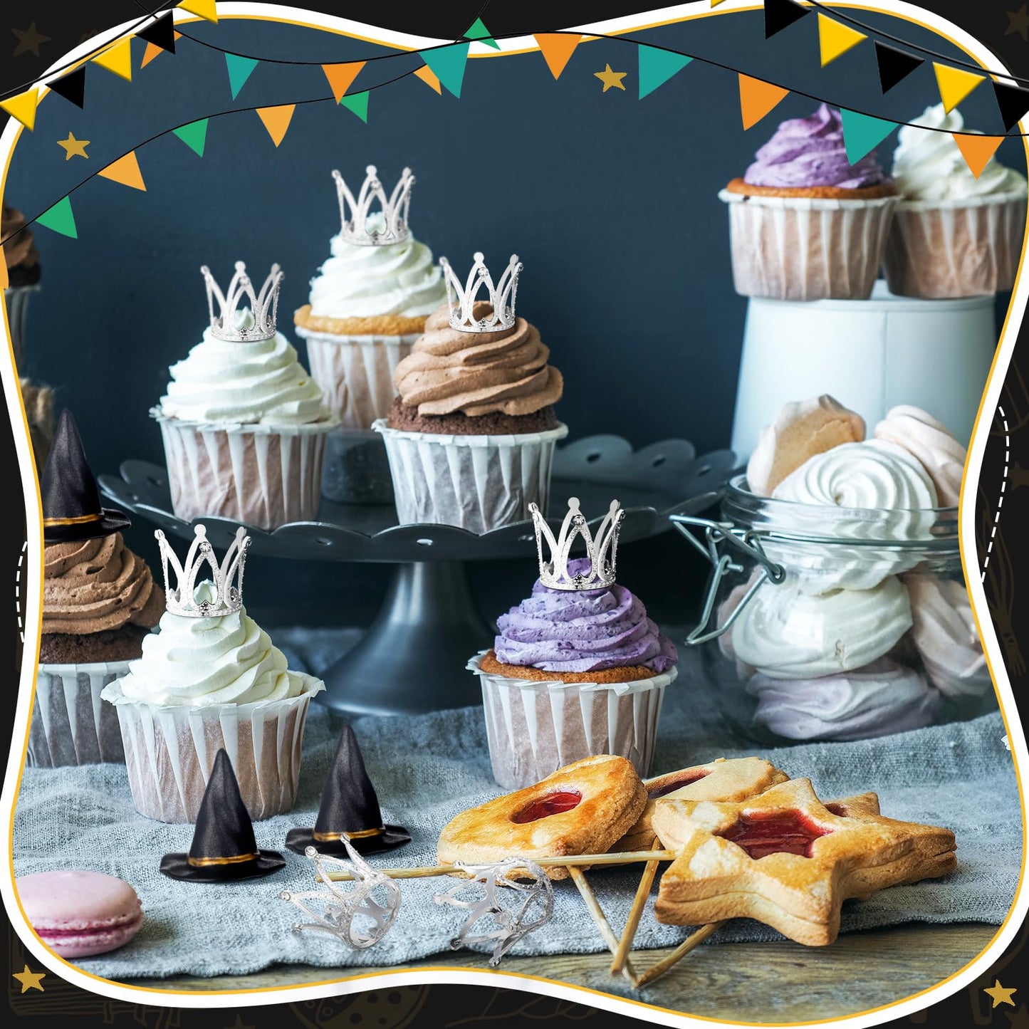 Cutecrop 48 Pack Witch Hat and Crown Cake Topper Bad Witch Birthday Party Decorations Mini Wizard Hats Silver Crown Cupcake Toppers Decor Princess Cake Accessories for Birthday Party Supplies Crafts