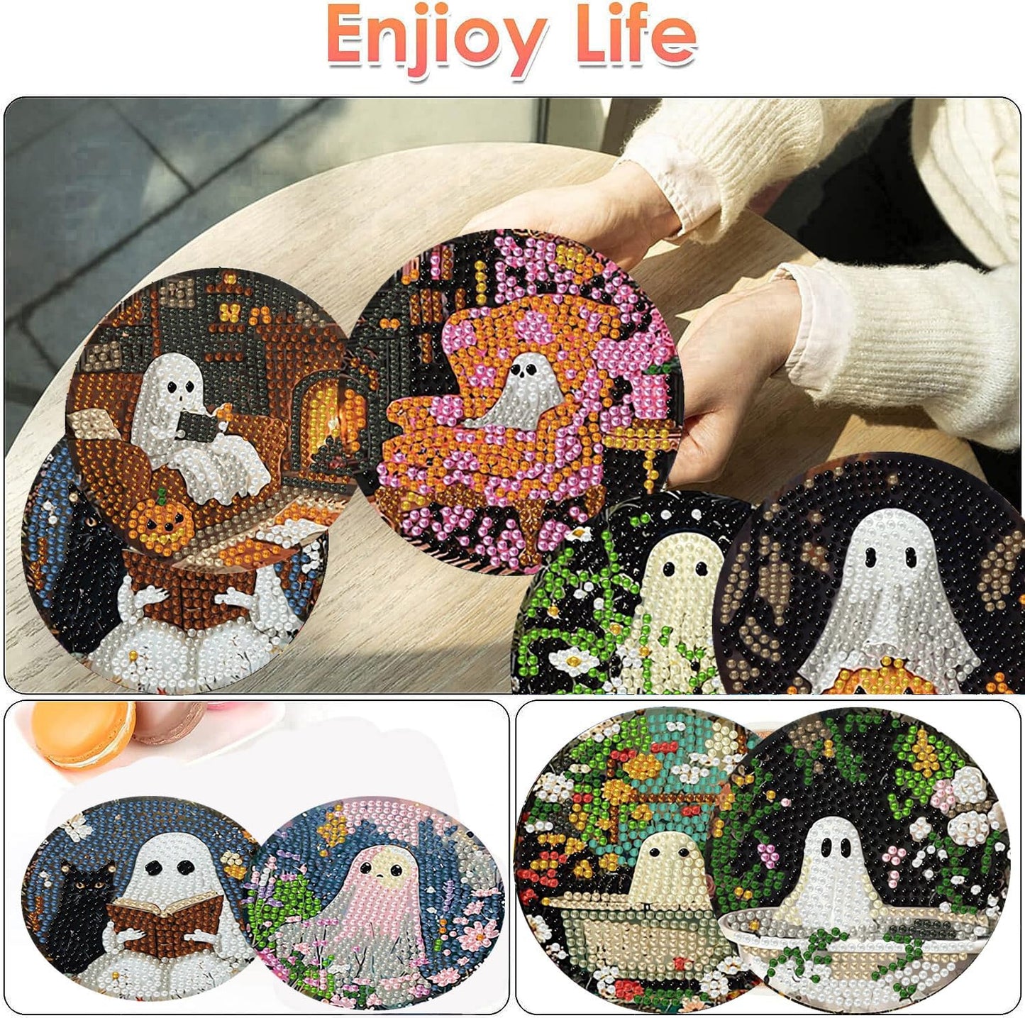 ijbnhd 8 Pack Halloween Diamond Art Coasters Kits, Halloween Diamond Painting Coasters Kit with Holder, DIY Ghost Diamonds Art Non Slip Coaster Crafts Kits for Adults Gifts 4x4 inch (Cork Wooden Pad)